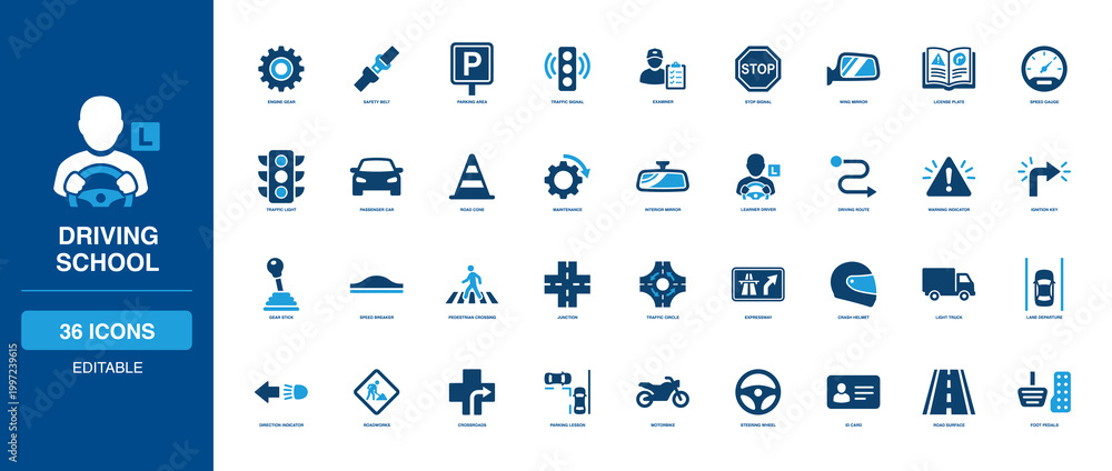 Driving School solid icon set with passenger car, traffic signal ...