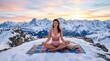 © Fiverr/fazilazia703 - Serene woman in pink swimwear meditating in lotus position on a snowy mountain summit at sunrise, embracing cold therapy, mindfulness, and the beauty of extreme nature.