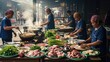 © Flotch - Authentic Asian Street Food Market Scene with Chefs Preparing Dishes.