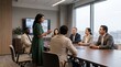 © ryker - Diverse businesswoman presenting to colleagues in modern boardroom, confident communication and focused teamwork during corporate meeting with large window views