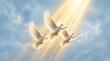 © Katsiaryna - Tranquil scene depicts pure white doves rising gracefully into radiant heavenly expanse