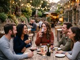 Woman Enjoying Wine with Friends in Social Gathering, Group of Adults Sharing Drinks, Casual Lifestyle Moment, Smiling Conversation, Warm Relaxed Atmosphere, Lifestyle Photography