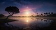 © Adi - sunset over tropical lake with palm trees and starry sky high quality professional detailed modern elegant stylish clean crisp vibrant colorful digital creative innovative contemporary