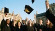 © Fuad Nafiz - Graduates celebrating with caps tossing in front of historic university building