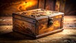 © Azreenstock - Intricately Carved Antique Wooden Treasure Chest with Ornate Metal Lock Resting on Textured Wood Surface