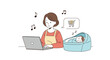 © Sobuj - Contented young mother uses a laptop while her newborn baby sleeps soundly in a bassinet nearby, creating a productive home environment.