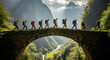 © moses - A line of hikers with backpacks crossing an ancient stone bridge over a lush green valley with a winding river and majestic mountains in the background.