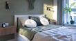 © photosbysabkapl - Hotel room with bed in boho style. Cozy bedroom with window and light and green wall in stylish interior. Panoramic.