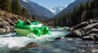 © Mikhail - Giant inflatable green frog toy floating down fast mountain river with rocks and snowy peaks