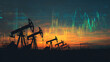© taro - Silhouette of oil pumps against a dramatic sunset background with overlaid stock market data, cinematic shot, ideal for energy industry reports, financial analysis and investment presentations