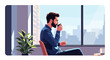 © nhax DDE - Man sitting by office window with flate desain city view