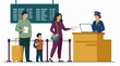 © Mountain Top Studio - Family at airport check-in counter with staff and flight information board