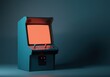 © Breezze - A teal retro arcade machine with a blank coral screen stands in a studio for gaming hardware mockups, nostalgic tech advertising and minimalist web design