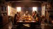 © muji - A joyful multi-generational family gathers for a grand festive dinner, celebrating togetherness and tradition in a beautifully lit rustic cabin setting