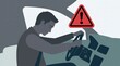 © Anat art - Drowsy Driving Warning Sign Displayed in Car Shows Driver Looking Down While Steering on a Road