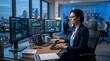 © Trendy Graphics - Businesswoman working on computer with multiple screens in modern office with city view