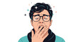 © Dale - Tired young man with glasses yawning and closing his eyes while colorful stars around his head represent fatigue and sleepiness.