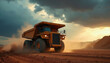 © Pete - Large yellow mining dump truck drives on dusty dirt road in open mine. Powerful industrial vehicle moves heavy load across arid landscape under dramatic cloudy sky, raising dust cloud.