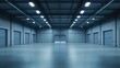 © PikePicture - Empty industrial warehouse interior providing ample space for storage, logistics, and distribution with fluorescent lights illuminating the corrugated metal walls and concrete floor