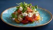 © Afsana - A gourmet salad featuring lobster chunks with white cheese and cherry tomatoes sits on a textured blue plate under vibrant culinary food lighting