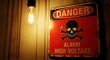 © CamClips - Distressed High Voltage Danger Sign with Skull and Crossbones Under Warm Edison Bulb Light