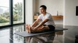 © Katsiaryna - Elegant home fitness scene of man stretching on mat with liquid-like floor reflection effect