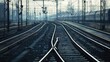© PikePicture - Multiple railway tracks converge at a busy, modern train station, highlighting the intricate network of lines and a long passenger train waiting in the background during evening light