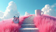 © Pete - Bright morning sky over pink grassy hill with stone stairs. Alarm clock and coffee cup signal start of new day. Dreamlike scene invites fresh beginnings and peaceful moments.