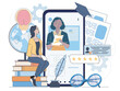 © 100% HAND-CRAFTED - A student with books watching an educator on a large device screen in a clean flat style on a light background, representing a digital education concept. Hand-drawn vector illustration