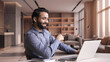 © insta_photos - Happy indian professional young adult man having video conference call virtual business meeting working on laptop computer, enjoying watching online webinar, seminar training or remote class concept.