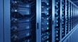 © Biru Langit Desember - Modern server room with rows of glowing blue lights and cooling fans in a data center technology concept