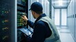 © SceneStockHub - Network engineer technician maintaining server rack in data center, checking cables and hardware equipment, IT infrastructure support and cloud computing technology concept