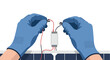 © Tasfiq - A pair of gloved hands carefully connects electrical wires to a small junction box mounted on the surface of a solar panel against a clean white studio background.