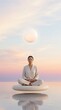 © Farddus - Serene person in meditation practicing yoga poses sitting on a floating platform in a tranquil watery landscape with a glowing sphere above