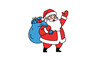 © Ripon - Jolly Santa Claus wearing his red suit and carrying a huge blue sack full of wrapped presents waving his hand on white background.