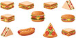 © MDSaiful - Fast food vector set featuring delicious club sandwiches, beef burgers with cheese, classic hot dogs, and pepperoni pizza slices for restaurant menus, takeaway cafe branding, and junk food delivery