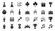 © Tosher PNG - Celebration and party icon set, party hat, confetti, balloons, gift, cake, champagne, candles, fireworks, and trophy.