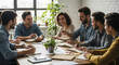 © MdShahajan - Colleagues gather around a large wooden table in a sunlit office to participate in a collaborative brainstorming session while documenting project ideas in notebooks during a team meeting today.