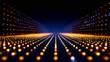 © Alex Alex - An abstract background with a perspective of glowing orange and blue LED dots stretching into the dark blue distance.