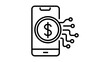 © Rohan - Embedded Finance and Fintech Concept Vector Icon Illustration with Editable Stroke. Minimalist Black Line Art of a Smartphone with Dollar Coin and Circuit Lines for Digital Banking and Payments.