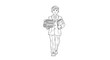© Rasheda - Determined young schoolboy in a formal suit holding a large stack of books while walking forward in a simple black line art style.