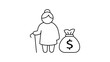 © Fahad - Pension Fund and Retirement Savings Concept: Minimalist Black Line Vector Icon of an Elderly Person with a Cane and a Large Money Bag, Featuring Editable Stroke for Customizable Line Weight.