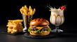© DESIGN VIEW24 - Gourmet burger with cheese and onions, fries and strawberry milkshake.
