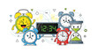 © Abdur - Collection of funny cartoon clock characters including alarm clocks, a digital clock, and an hourglass with expressive faces for time management.