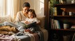 © MdAzizulHaque - mothers day mother and child reading book on bed with cat in cozy home interior