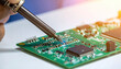 © SolaruS - Highprecision electronics repair featuring a soldering iron on a green PCB. This technical shot symbolizes innovation, manufacturing excellence, and professional hardware engineering.