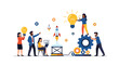© Juwel - A team of diverse professionals collaborates to launch a rocket and lightbulb project in a clean white digital environment with vibrant flat vector design elements.