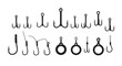 © Juwel - A comprehensive set of black silhouette fishing hook designs featuring various treble and single hook configurations arranged on a plain white background surface.