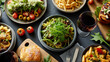 © Nataliya - Overhead view of a table set with international dishes representing different cuisines, global food culture concept, multicultural family day, culinary diversity, with copy space