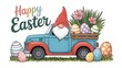 © Nawab stock - Cute Gnome Driving Vintage Truck with Easter Eggs and Flowers in Spring Meadow